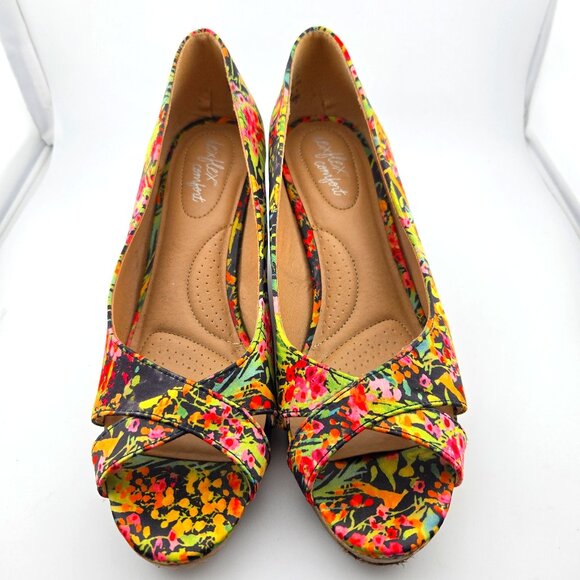 Dexflex Comfort Floral Peep Toe Wedges | Multi-Color Heels | Size 6.5 - Picture 1 of 11